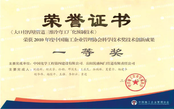 2010 年度中国施工企业管道协会科学技术奖一等奖